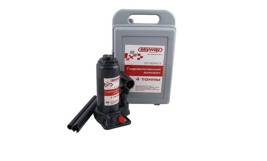 Домкрат гидрав. бутыл. 4т h 180-350мм SKYWAY с клапаном в кейсе S01804011