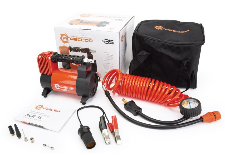 Компрессор АГРЕССОР 35л/мин мет 12V14A 180W 10АТМ в прикурив. шланг 5 м, сумка