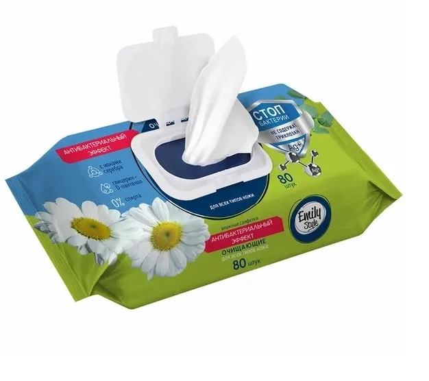 Салфетки влажные Emily Style  антибактериальные упаковка с клапаном 80шт