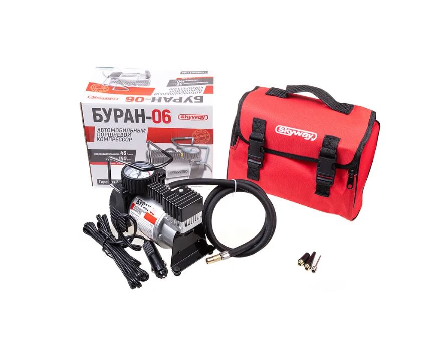 Компрессор метал. 45л/мин в прикурив. SKYWAY Буран-02 в сумке 10АТ S02001004