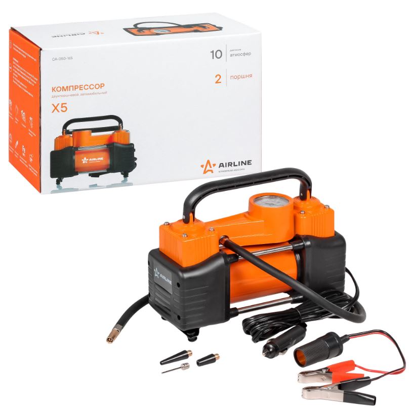 Компрессор метал. 50л/мин 2х поршневой в прикуриватель AIRLINE STANDART X5 10АТМ с компл. инструмент