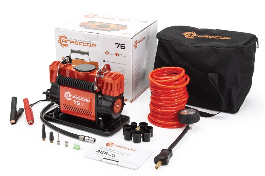 Компрессор АГРЕССОР 75л/мин мет 12V30A 300W 10АТМ от АКБ 8 м поршневой, сумка