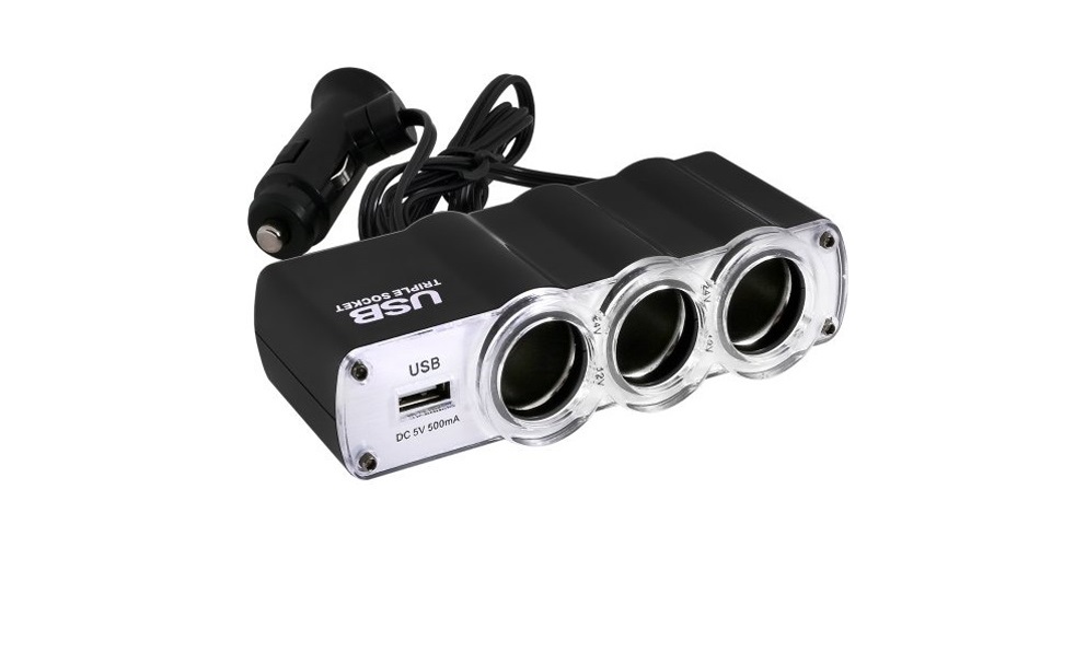 Разветвитель прикуривателя 3 гнезда + USB  SKYWAY Черный, предохранитель 5А, USB 1A S02301007