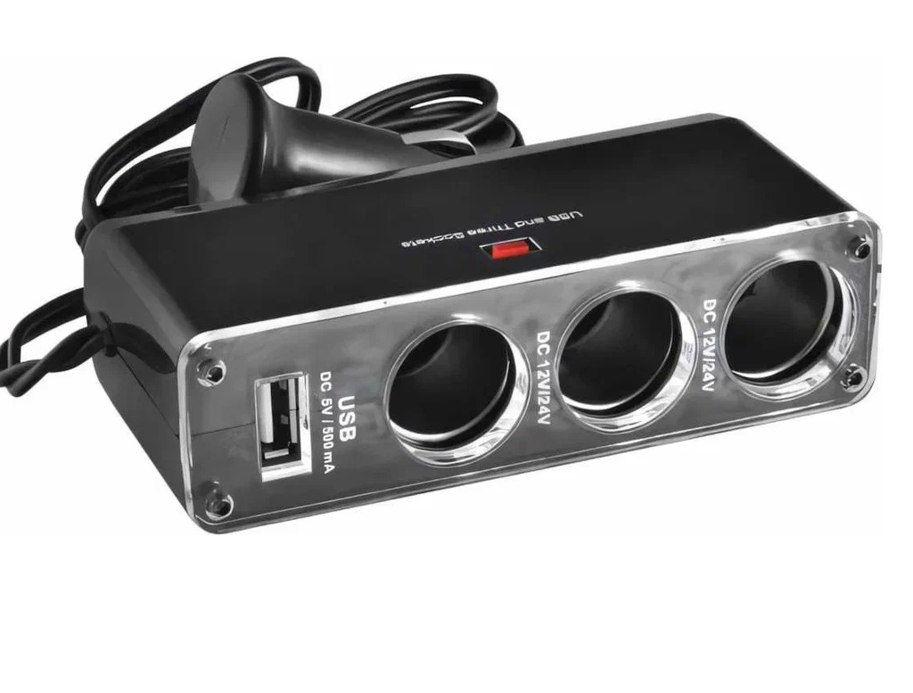 Разветвитель прикуривателя 3 гнезда + USB  SKYWAY Черный, предохранитель 5А, USB 1A S02301008