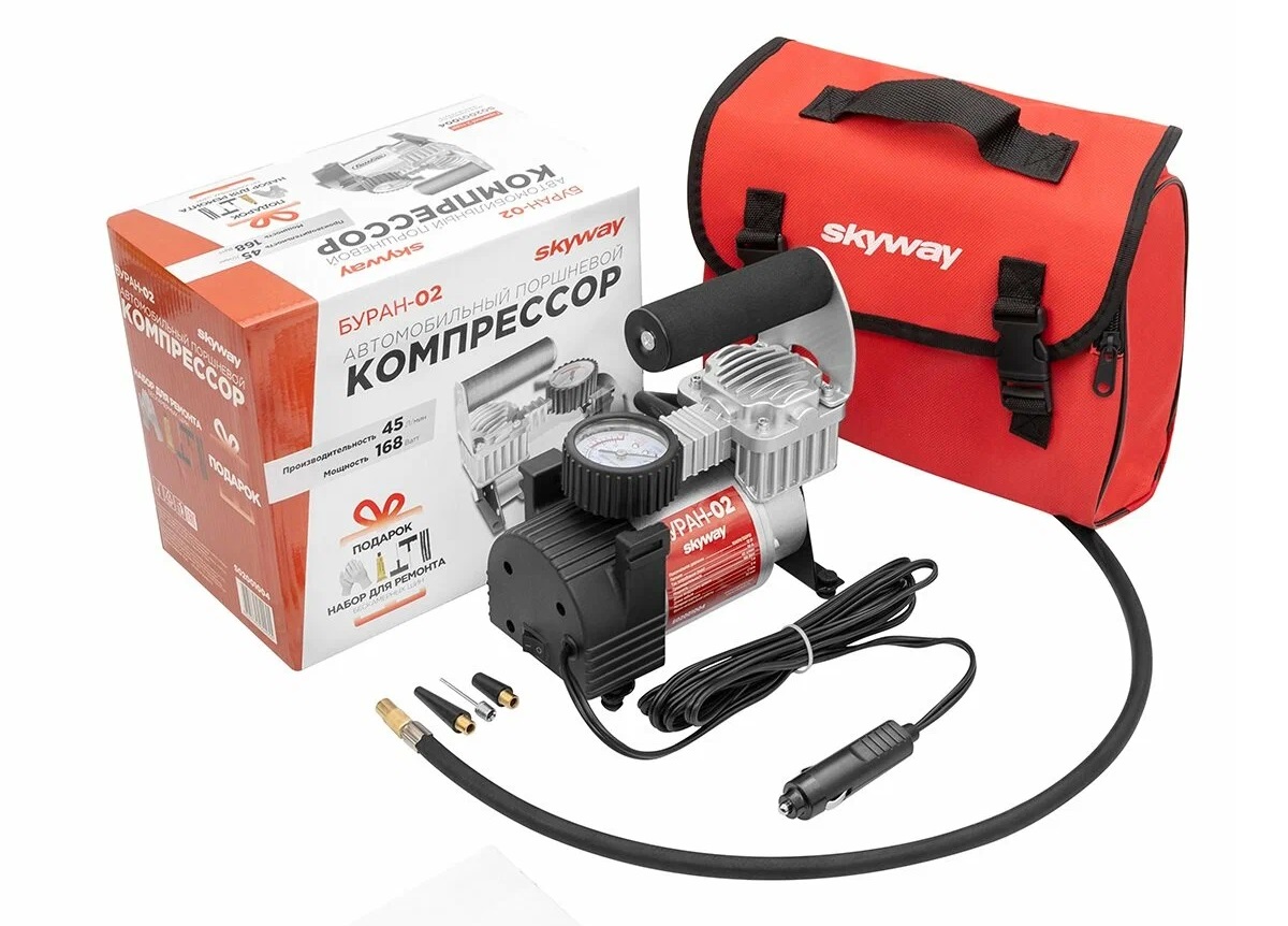 Компрессор метал. 45л/мин в прикурив. SKYWAY Буран-02 в сумке 10АТ S02001004