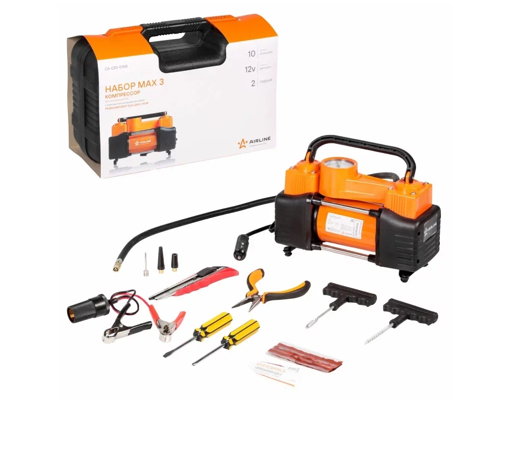 Компрессор метал. 50л/мин 2х поршневой в прикуриватель AIRLINE STANDART X5 10АТМ с компл. инструмент
